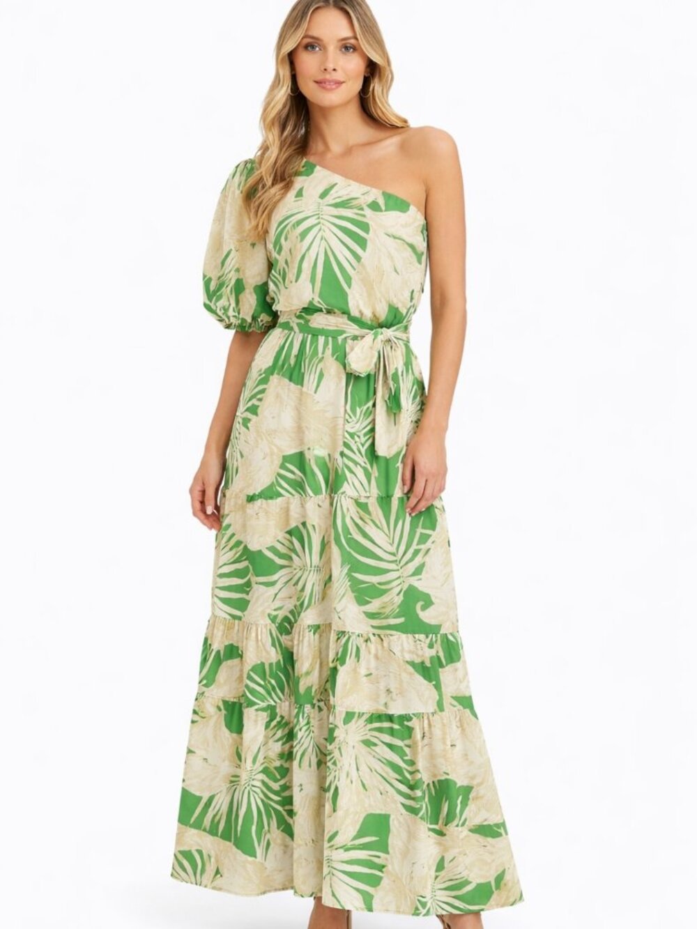 AURA One Shoulder Tropical Maxi Dress Green Palm Print Resort Size M Hawaiian - Picture 10 of 13